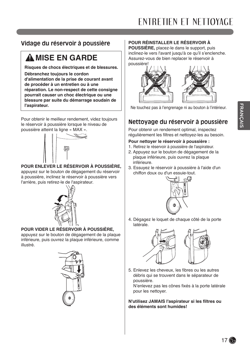Entretien et nettoyage, Mise en garde, Vidage du réservoir à poussière | Nettoyage du réservoir à poussière | LG LUV400T User Manual | Page 65 / 74
