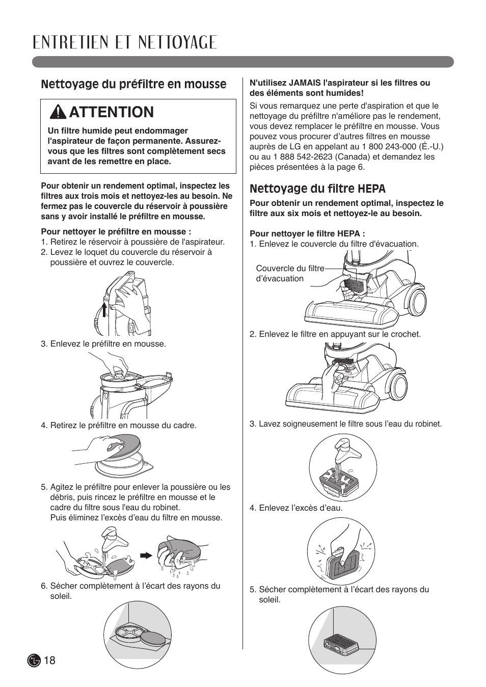 Entretien et nettoyage, Attention, Nettoyage du préfiltre en mousse | Nettoyage du filtre hepa | LG LUV400T User Manual | Page 66 / 74