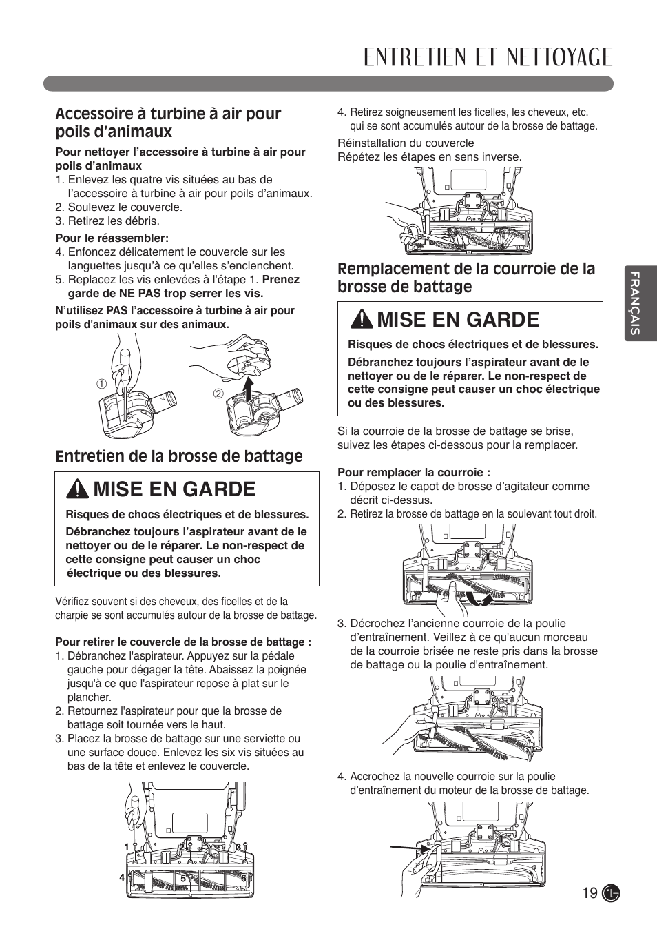 Entretien et nettoyage, Mise en garde, Accessoire à turbine à air pour poils d’animaux | Entretien de la brosse de battage | LG LUV400T User Manual | Page 67 / 74