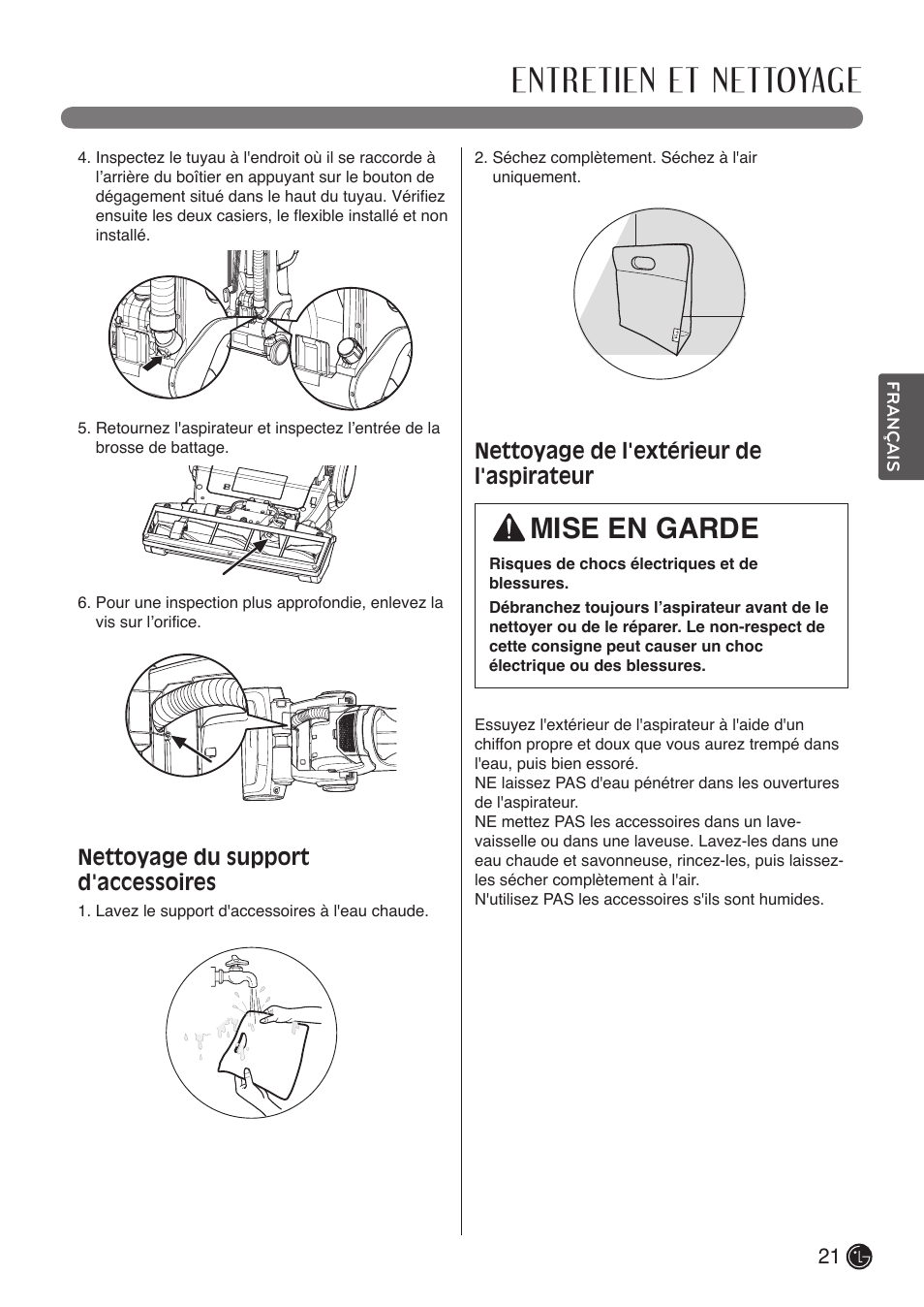 Entretien et nettoyage, Mise en garde, Nettoyage du support d'accessoires | Nettoyage de l'extérieur de l'aspirateur | LG LUV400T User Manual | Page 69 / 74