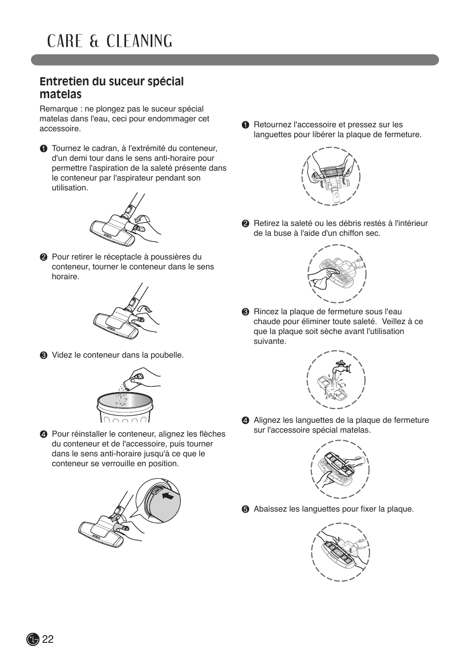 Care & cleaning, 22 entretien du suceur spécial matelas | LG LUV400T User Manual | Page 70 / 74