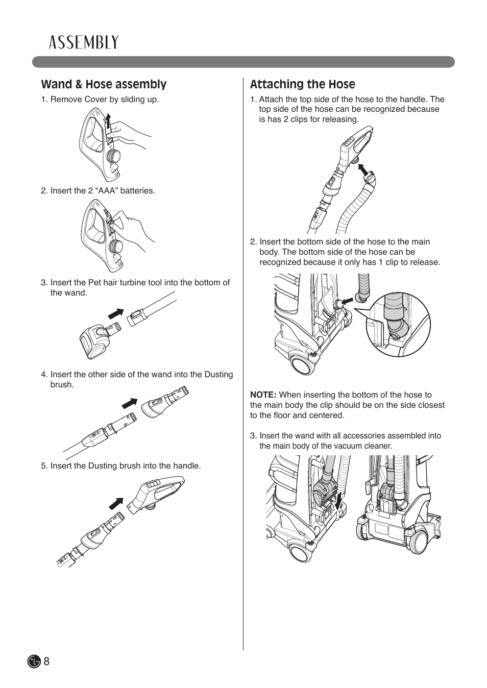Assembly, Wand & hose assembly, Attaching the hose | LG LUV400T User Manual | Page 8 / 74
