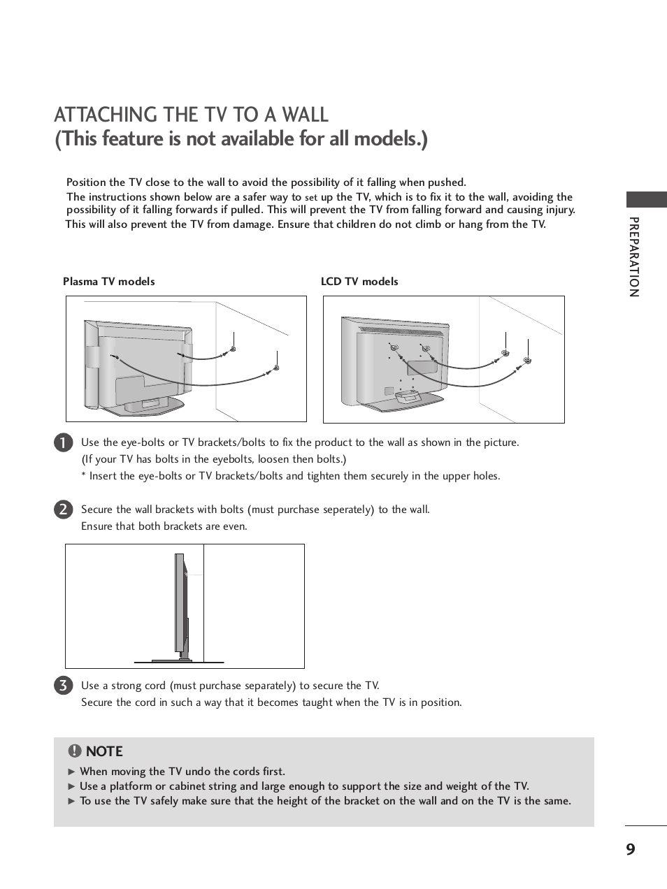 Attaching the tv to a wall | LG 37LC7R User Manual | Page 11 / 88