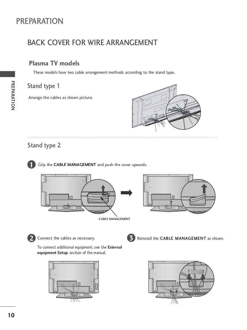 Back cover for wire arrangement, Preparation, Plasma tv models | Stand type 1 stand type 2 | LG 37LC7R User Manual | Page 12 / 88
