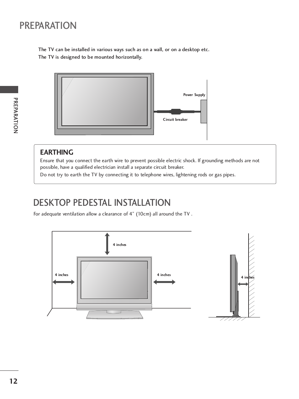Desktop pedestal installation, Preparation, Earthing | LG 37LC7R User Manual | Page 14 / 88
