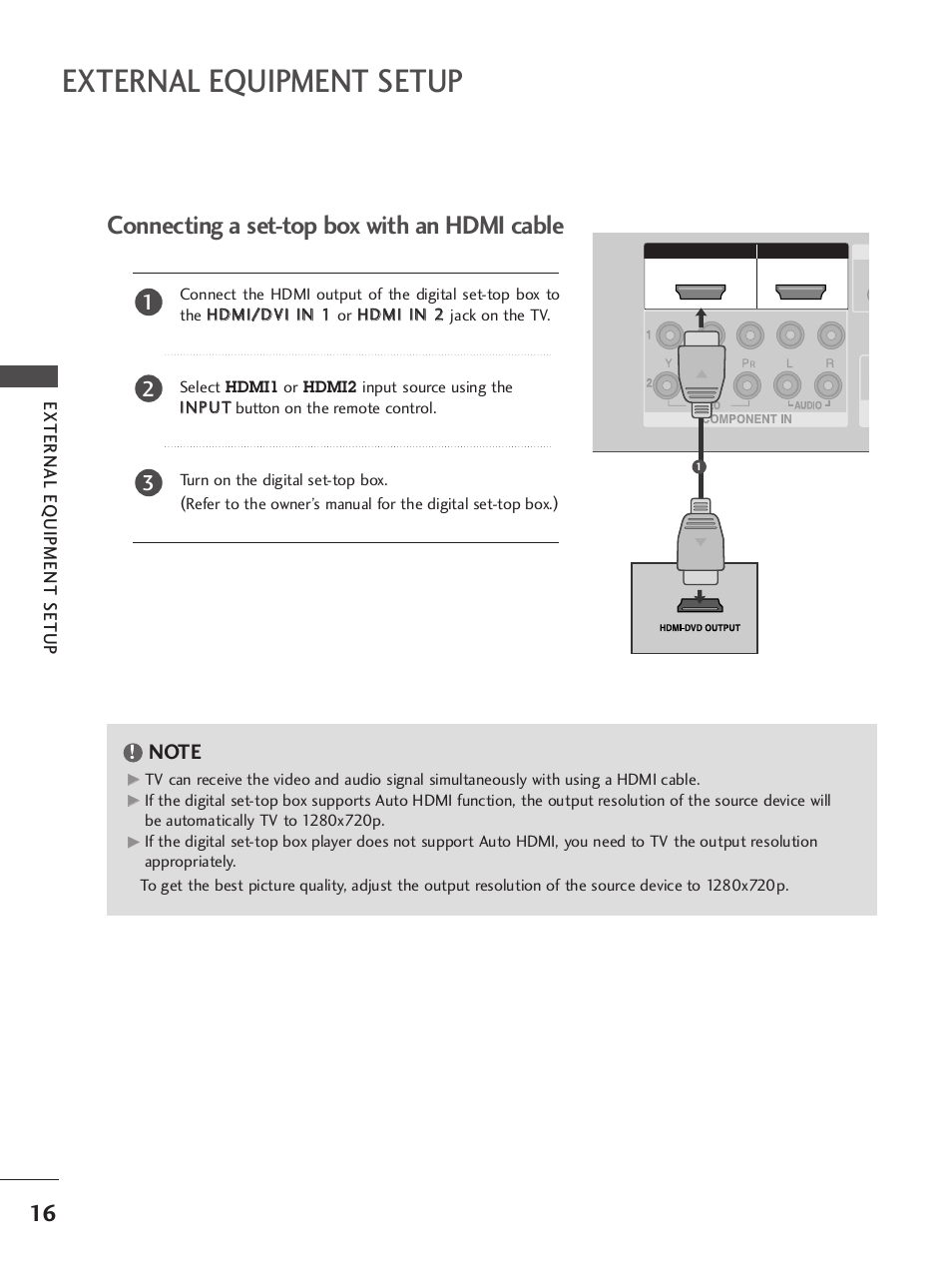 Connecting a set-top box with an hdmi cable, External equipment setup, External eq uipment setup | LG 37LC7R User Manual | Page 18 / 88