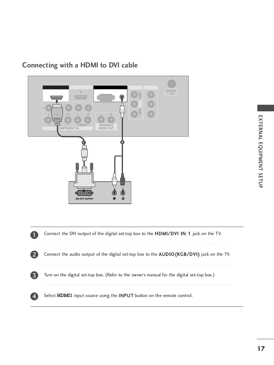 Connecting with a hdmi to dvi cable, External eq uipment setup | LG 37LC7R User Manual | Page 19 / 88