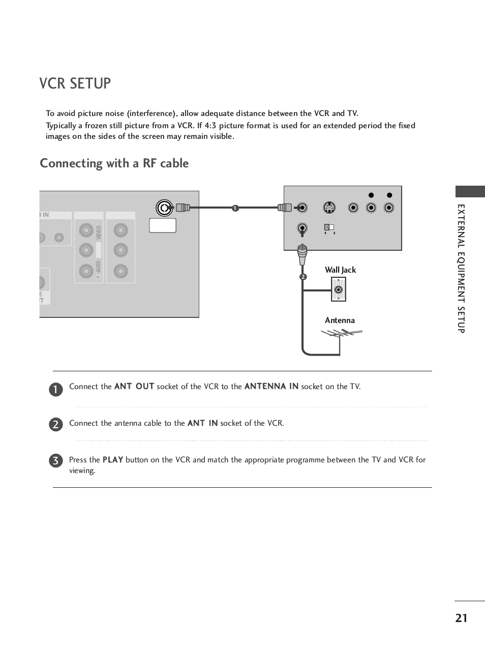 Vcr setup, Connecting with a rf cable, External eq uipment setup | LG 37LC7R User Manual | Page 23 / 88