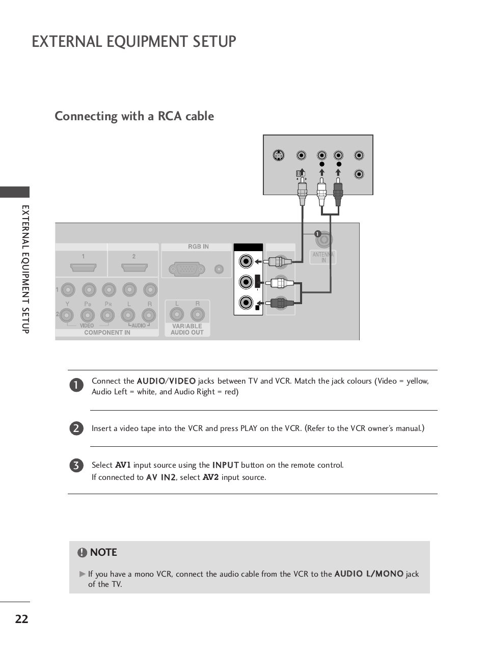 Connecting with a rca cable, External equipment setup, External eq uipment setup | LG 37LC7R User Manual | Page 24 / 88