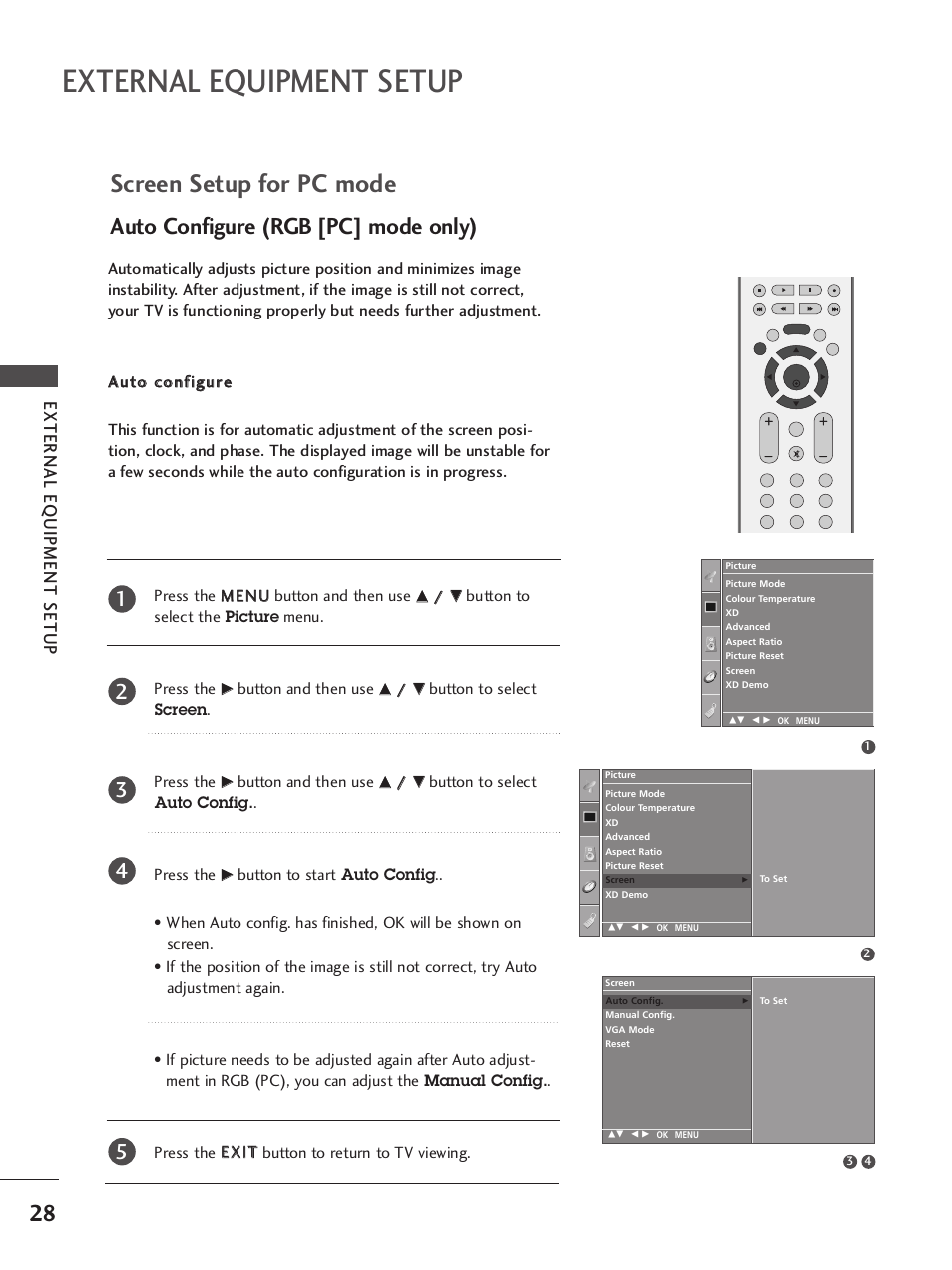 Screen setup for pc mode, Auto configure (rgb [pc] mode only), External equipment setup | External eq uipment setup | LG 37LC7R User Manual | Page 30 / 88