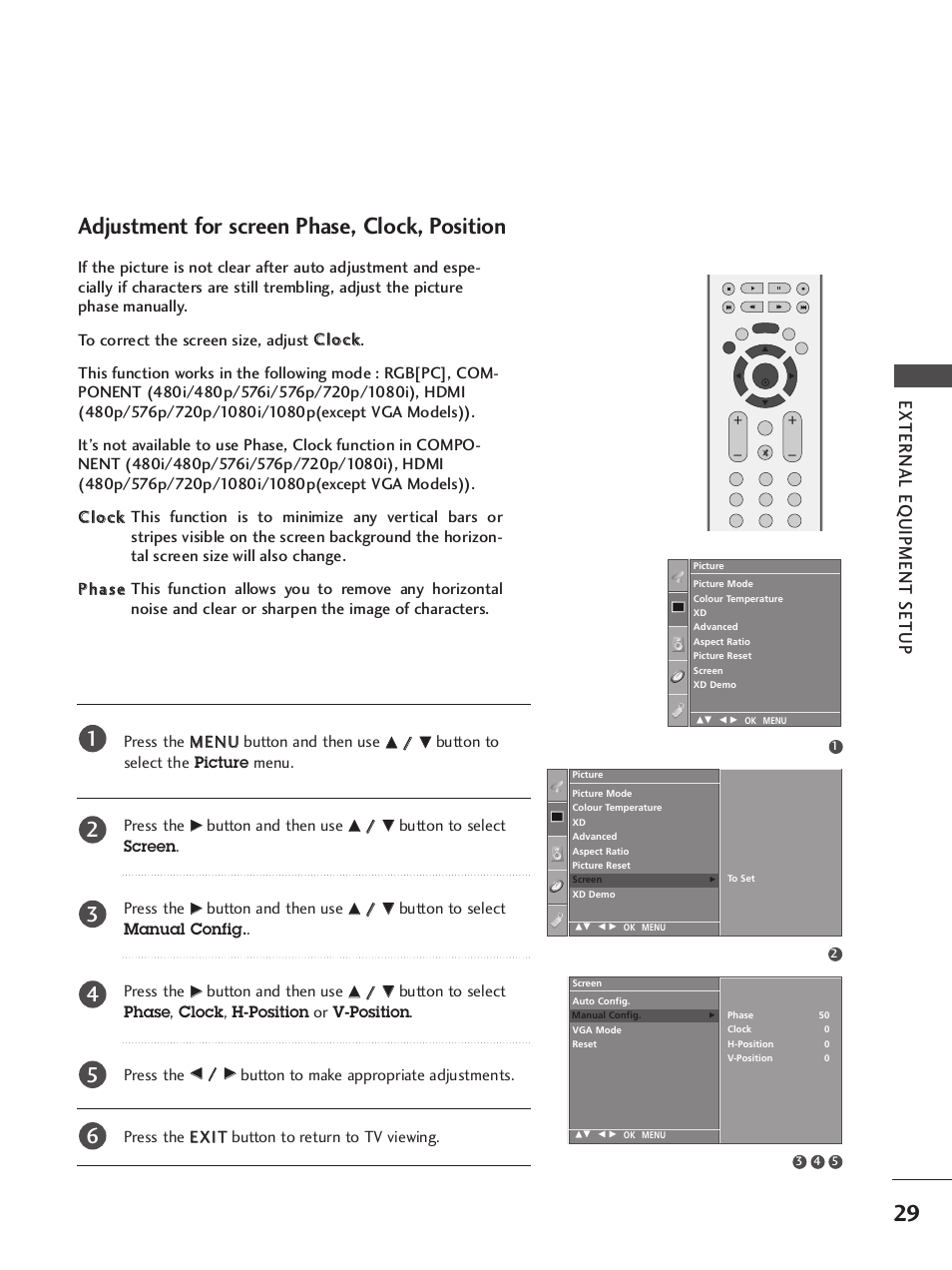 Adjustment for screen phase, clock, position, External eq uipment setup, Button to select the picture menu. press the | Button and then use, Button to select screen . press the, Button to select manual config. . press the | LG 37LC7R User Manual | Page 31 / 88
