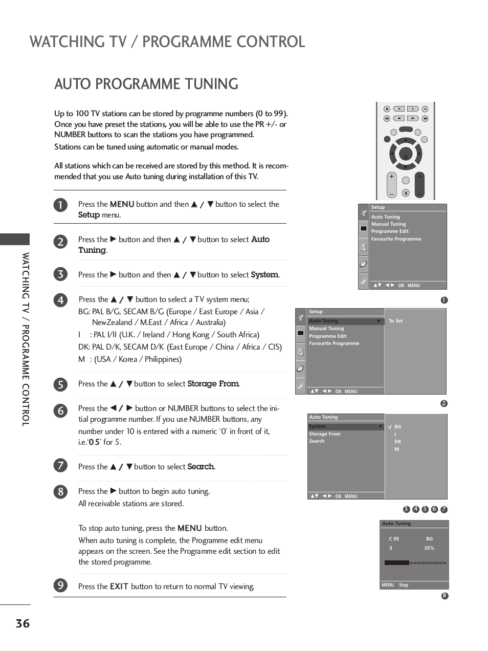 Auto programme tuning, Watching tv / programme control, Wa tching tv / pr ogr amme contr ol | LG 37LC7R User Manual | Page 38 / 88