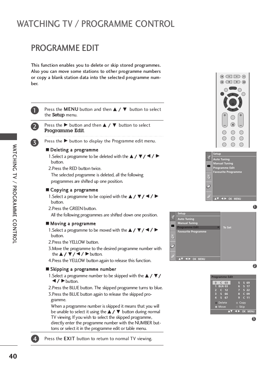 Programme edit, Watching tv / programme control, Wa tching tv / pr ogr amme contr ol | LG 37LC7R User Manual | Page 42 / 88