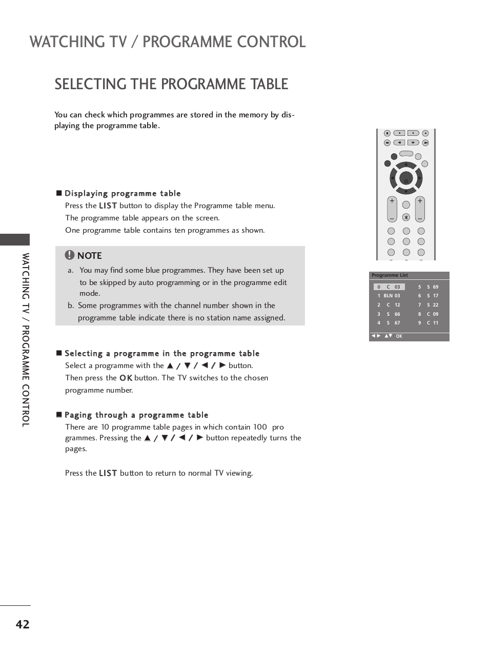 Selecting the programme table, Watching tv / programme control, Wa tching tv / pr ogr amme contr ol | LG 37LC7R User Manual | Page 44 / 88