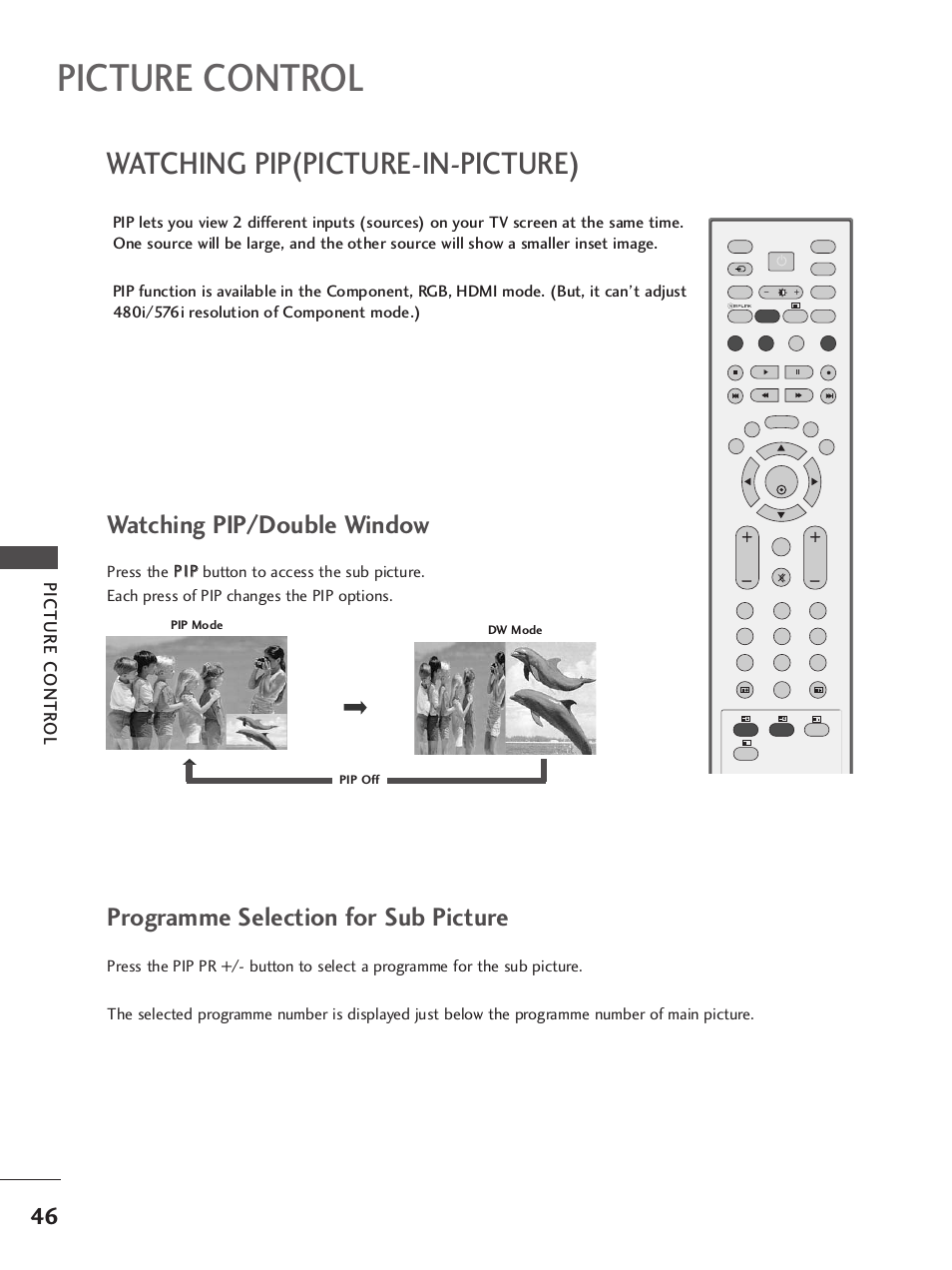 Picture control, Watching pip(picture-in-picture), Watching pip/double window | Programme selection for sub picture, Picture contr ol | LG 37LC7R User Manual | Page 48 / 88