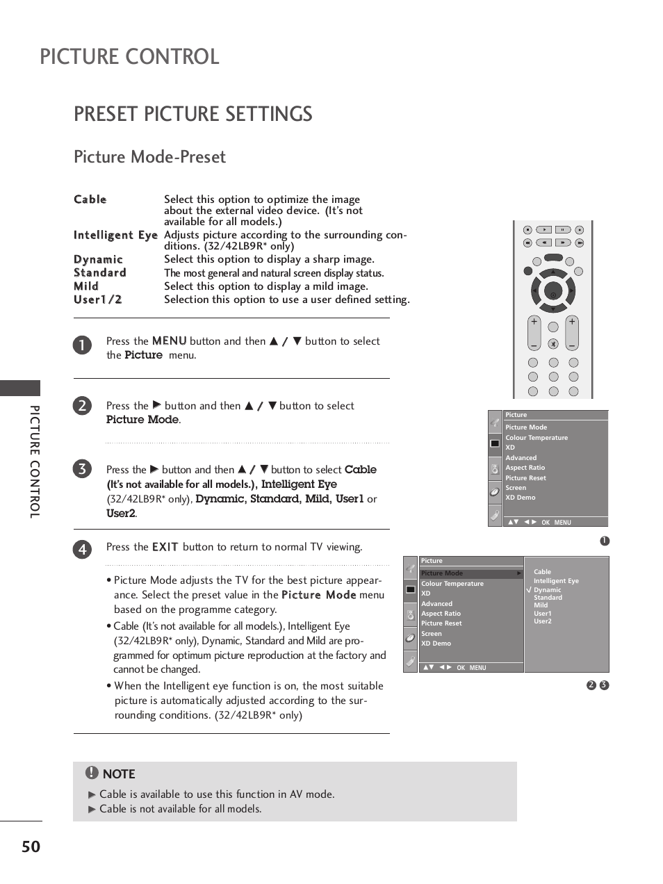 Preset picture settings, Picture mode-preset, Picture control | Picture contr ol | LG 37LC7R User Manual | Page 52 / 88