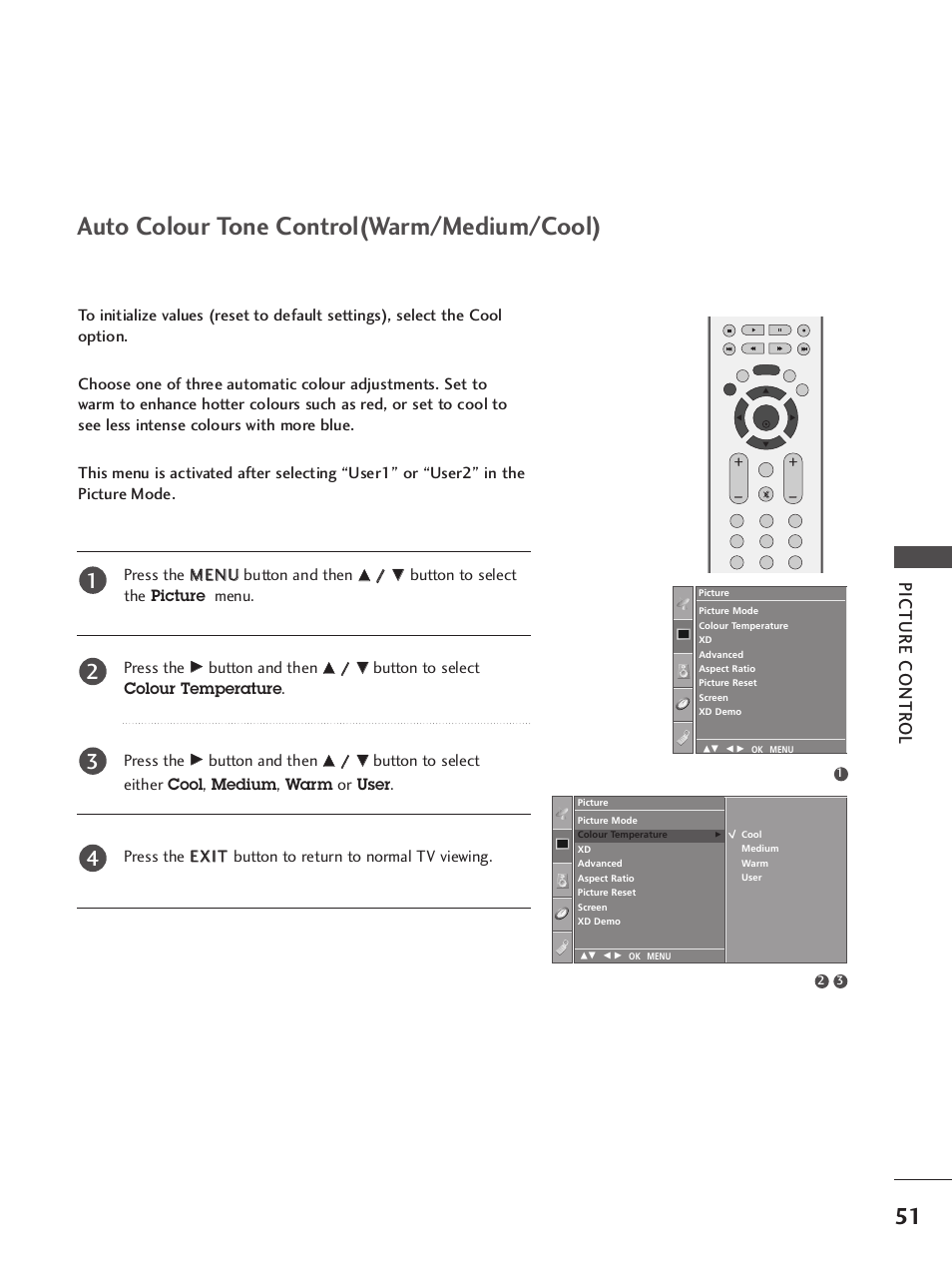 Auto colour tone control(warm/medium/cool), Picture contr ol, Button to select the picture menu. press the | Button and then, Button to select colour temperature . press the | LG 37LC7R User Manual | Page 53 / 88