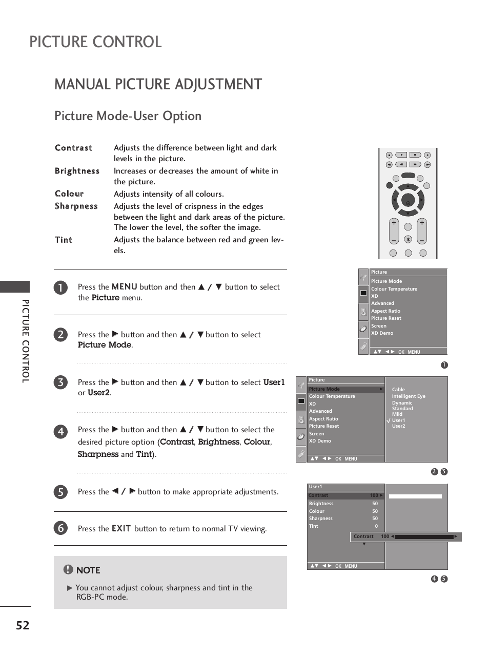Manual picture adjustment, Picture mode-user option, Picture control | Picture contr ol | LG 37LC7R User Manual | Page 54 / 88