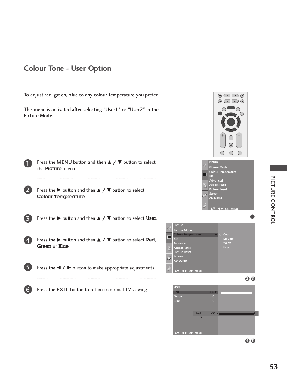 Colour tone - user option, Picture contr ol, Button to select the picture menu. press the | Button and then, Button to select colour temperature . press the, Button to select user. press the, Button to select red, green or blue. press the | LG 37LC7R User Manual | Page 55 / 88