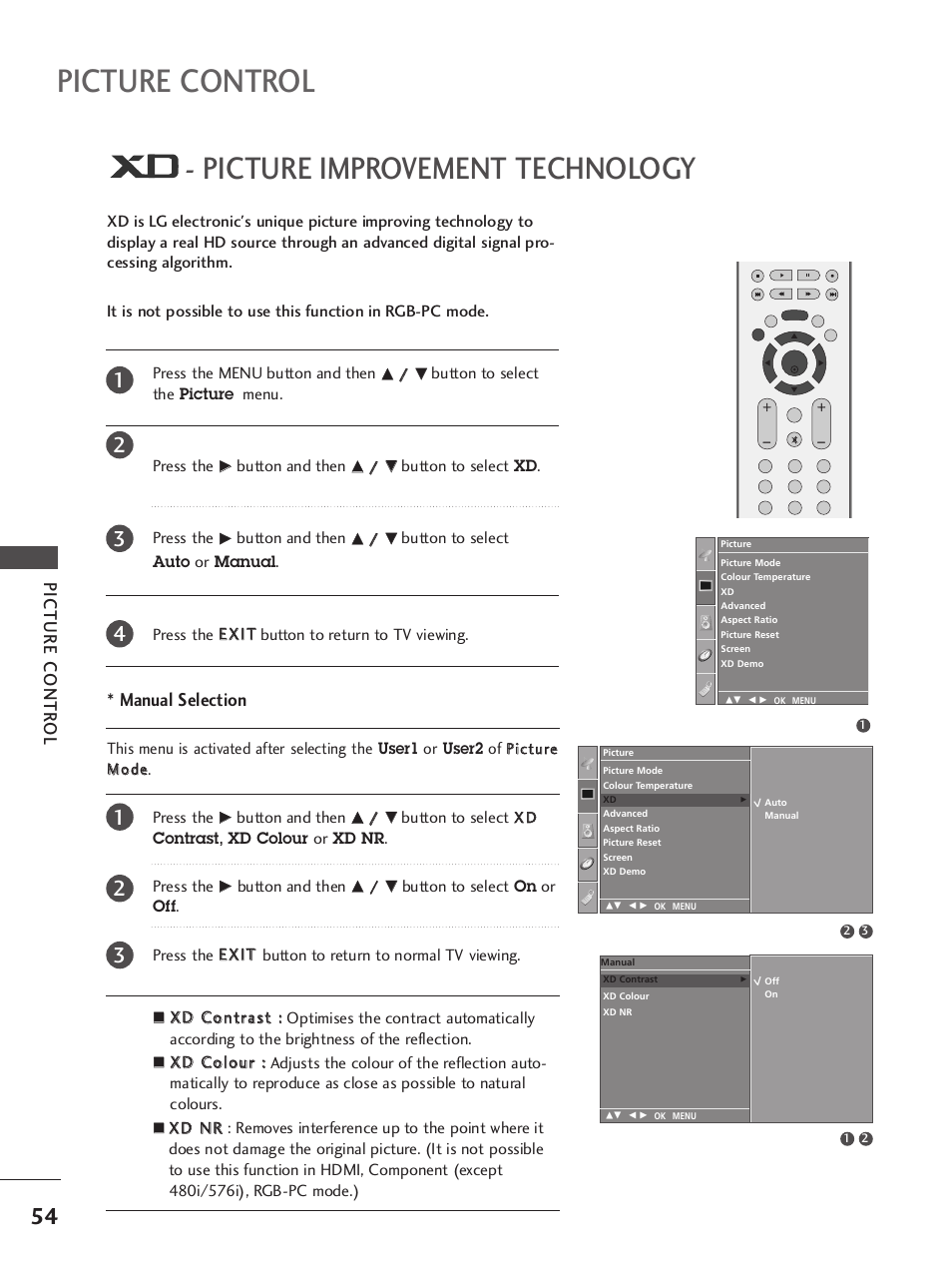 Xd- picture improvement technology, Picture control, Picture improvement technology | Picture contr ol, Manual selection | LG 37LC7R User Manual | Page 56 / 88
