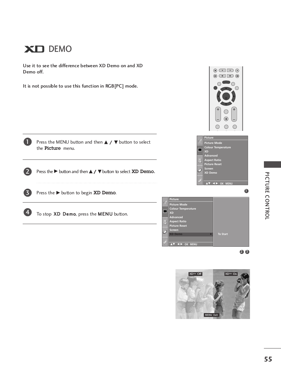 Xd demo, Demo, Picture contr ol | Button to select the picture menu. press the, Button and then, Button to select xd demo. press the | LG 37LC7R User Manual | Page 57 / 88