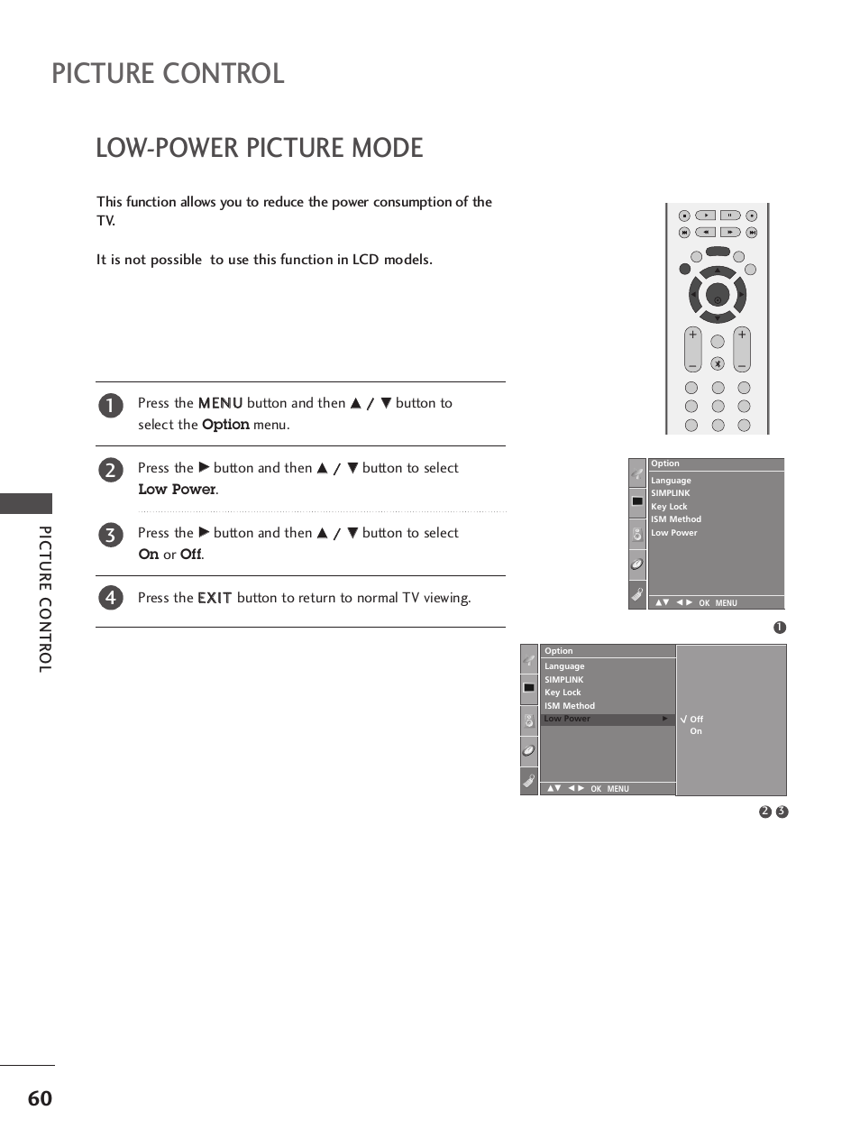 Low-power picture mode, Picture control, Picture contr ol | LG 37LC7R User Manual | Page 62 / 88