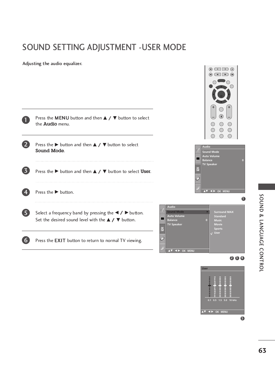 Sound setting adjustment -user mode, Sound & langu a ge contr ol, Button to select the audio menu. press the | Button and then, Button to select sound mode . press the, Button to select user. press the, Button. select a frequency band by pressing the, Button. set the desired sound level with the | LG 37LC7R User Manual | Page 65 / 88
