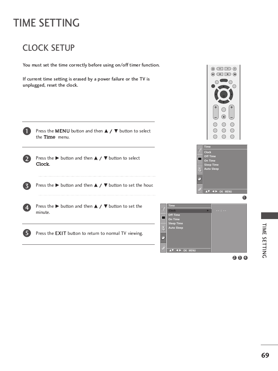 Time setting, Clock setup | LG 37LC7R User Manual | Page 71 / 88