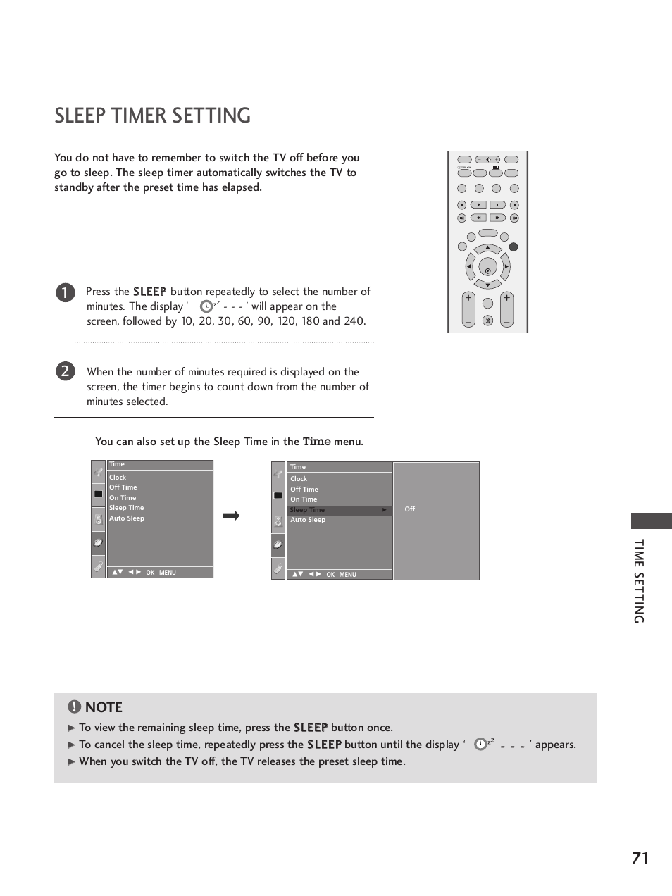 Sleep timer setting, Time setting | LG 37LC7R User Manual | Page 73 / 88