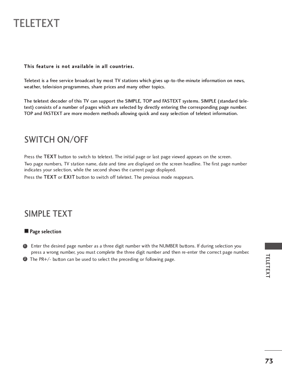 Teletext, Switch on/off, Simple text | LG 37LC7R User Manual | Page 75 / 88