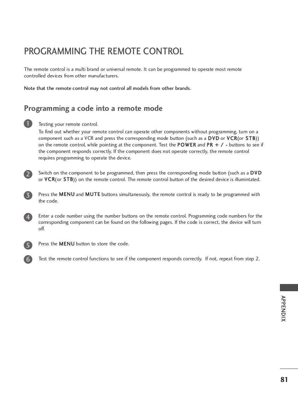 Programming the remote control, Programming a code into a remote mode | LG 37LC7R User Manual | Page 83 / 88