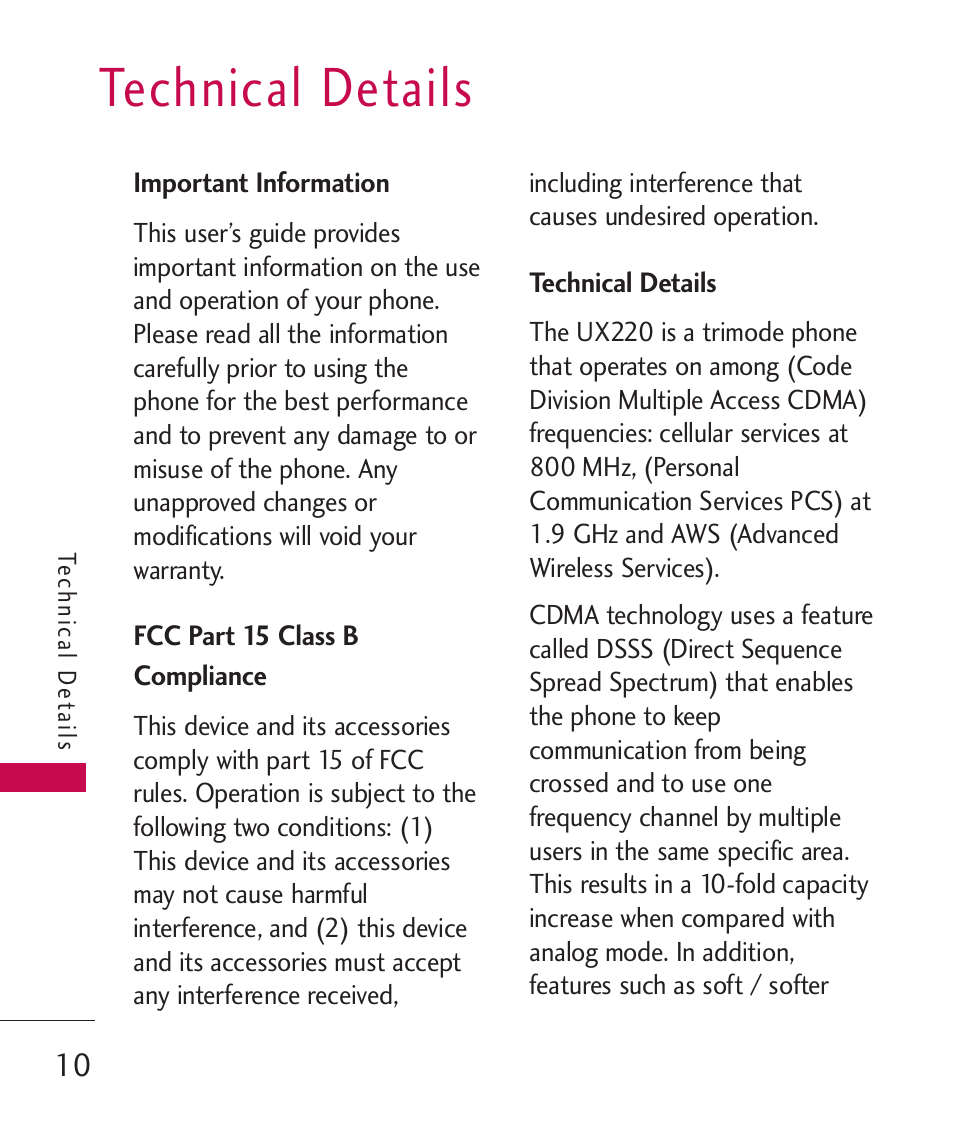 Technical details, Important information, Fcc part 15 class b compliance | Fcc part 15 class b compliance 10 | LG -UX220 User Manual | Page 12 / 228