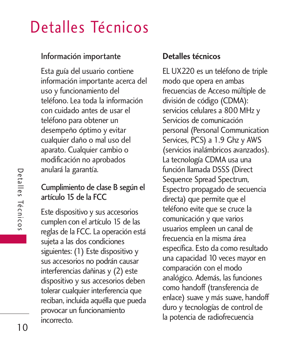 Detalles técnicos, Información importante, Cumplimiento de clase b segú | LG -UX220 User Manual | Page 122 / 228