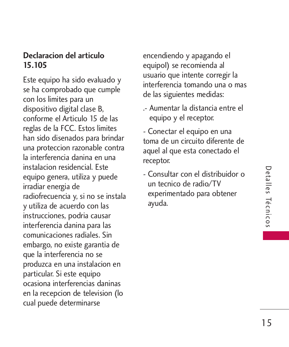 Declaracion del articulo 15.105 | LG -UX220 User Manual | Page 127 / 228