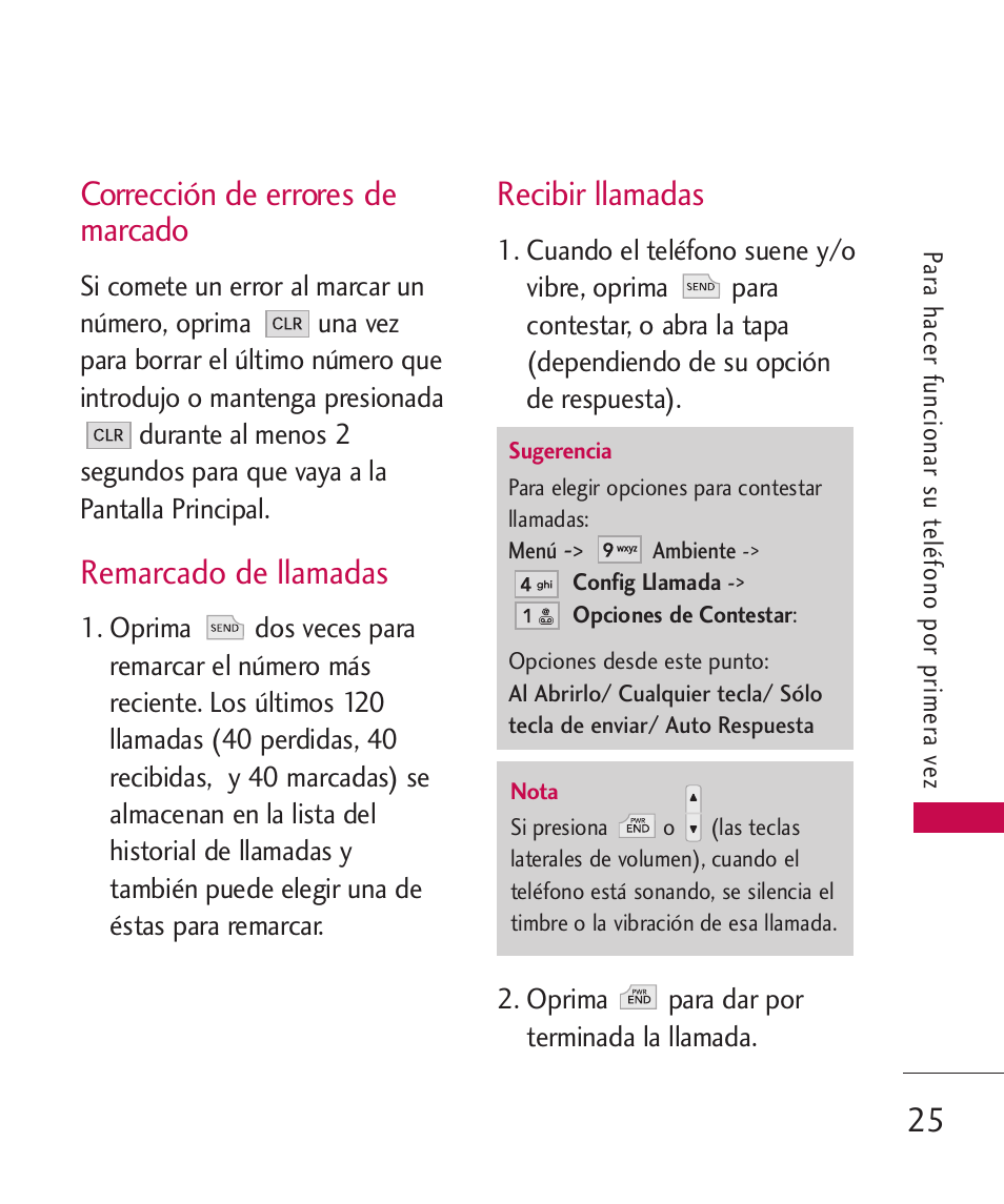 Corrección de errores de ma, Recibir llamadas, Corrección de errores de marcado | Remarcado de llamadas | LG -UX220 User Manual | Page 137 / 228