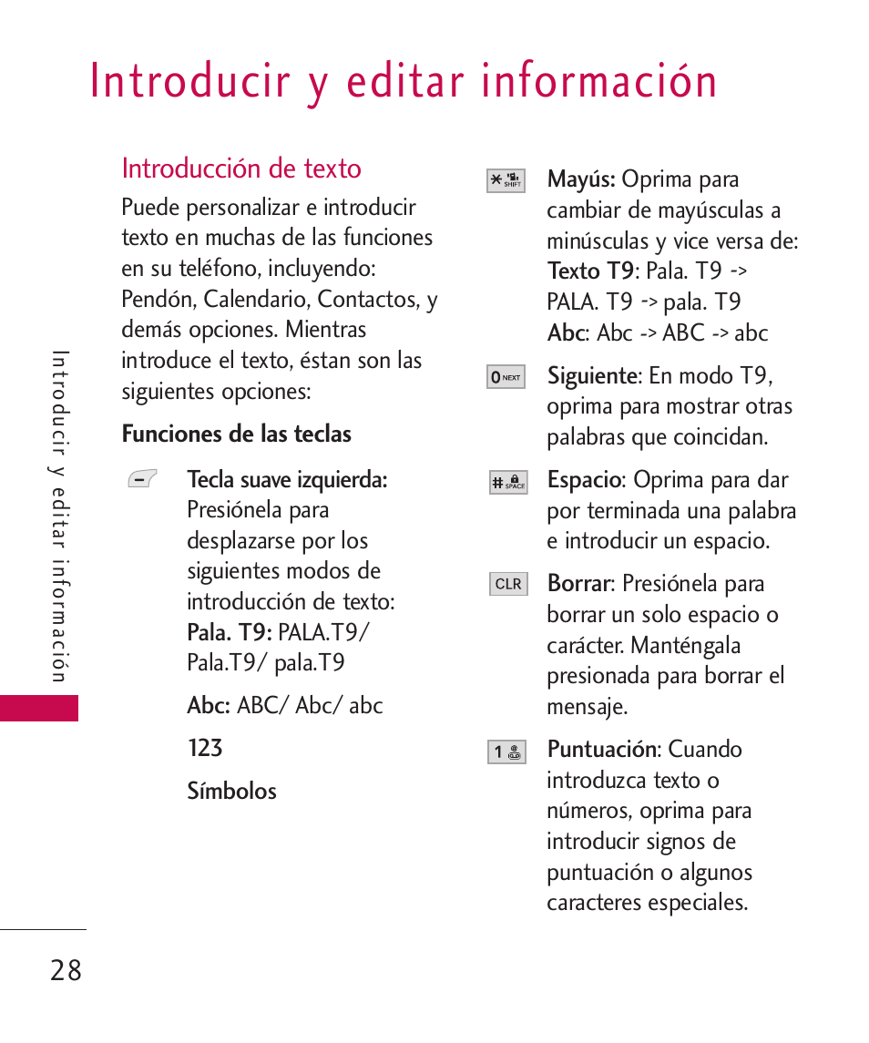 Introducir y editar información, Introducción de texto, Funciones de las teclas | LG -UX220 User Manual | Page 140 / 228