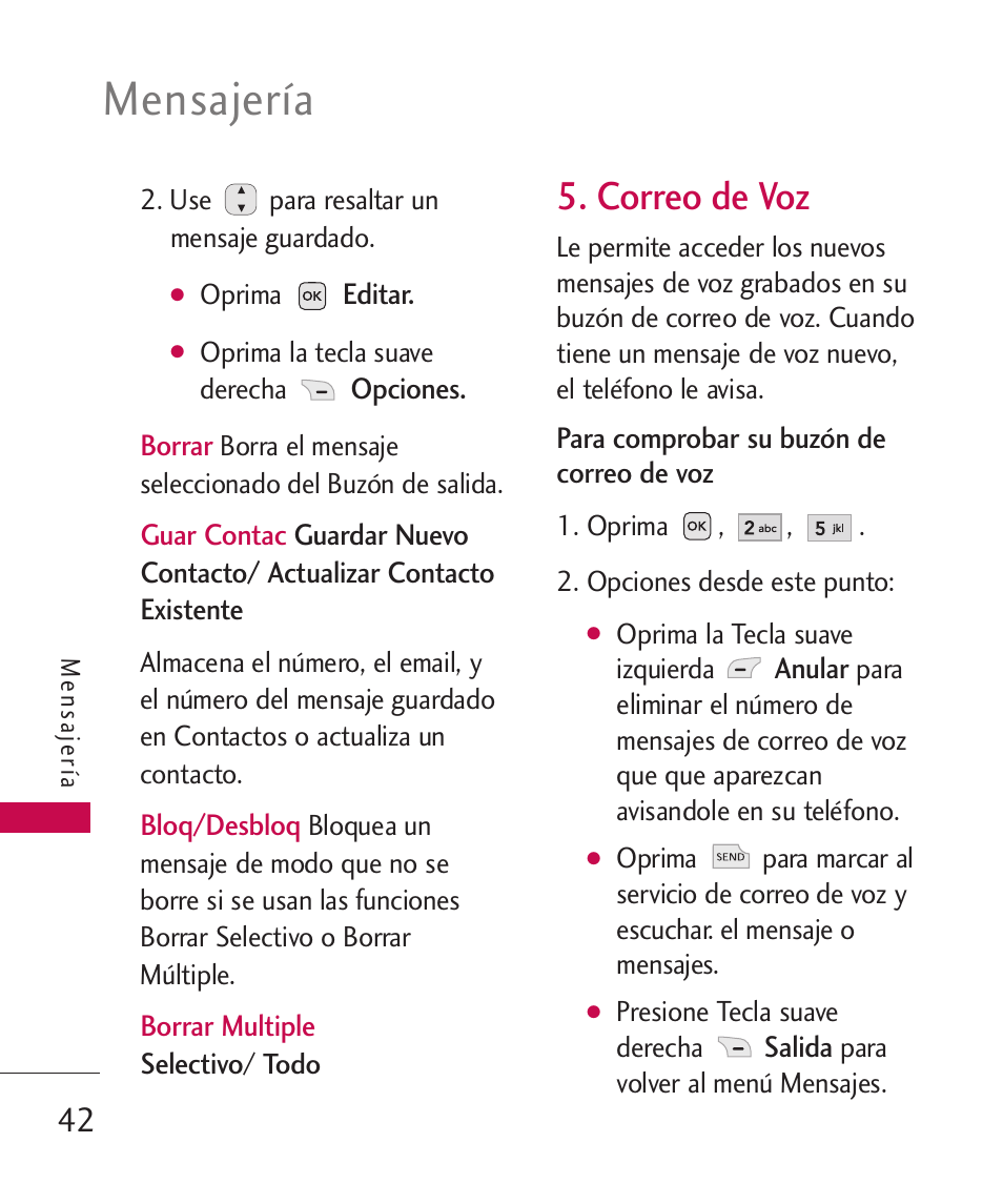 Correo de voz, Mensajería | LG -UX220 User Manual | Page 154 / 228