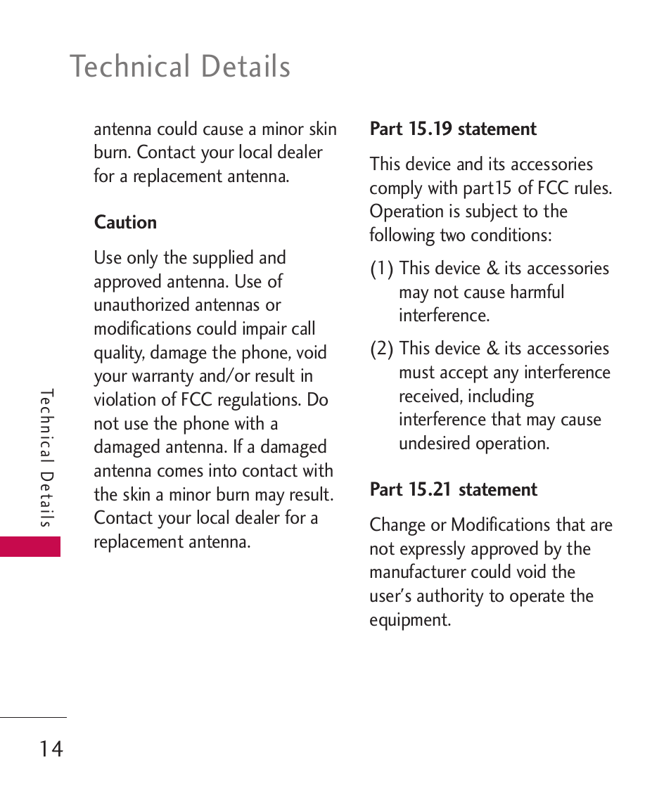 Caution, Part 15.19 statement, Part 15.21 statement | Technical details | LG -UX220 User Manual | Page 16 / 228