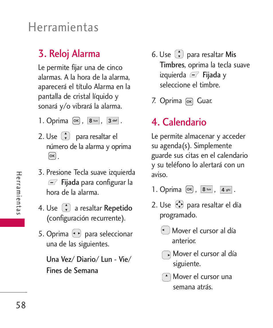 Reloj alarma, Calendario, Herramientas | LG -UX220 User Manual | Page 170 / 228