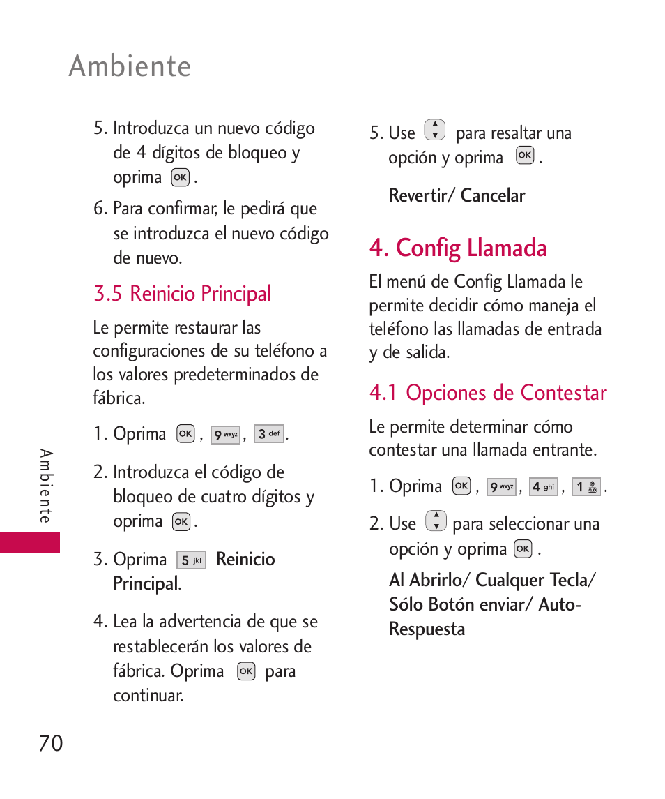 5 reinicio principal, Config llamada, 1 opciones de contestar | Ambiente | LG -UX220 User Manual | Page 182 / 228