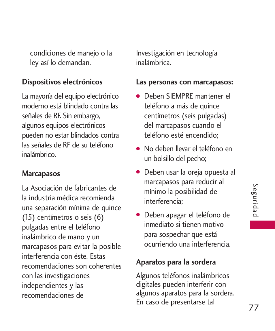 Dispositivos electrónicos, Marcapasos, Las personas con marcapasos | Aparatos para la sordera | LG -UX220 User Manual | Page 189 / 228