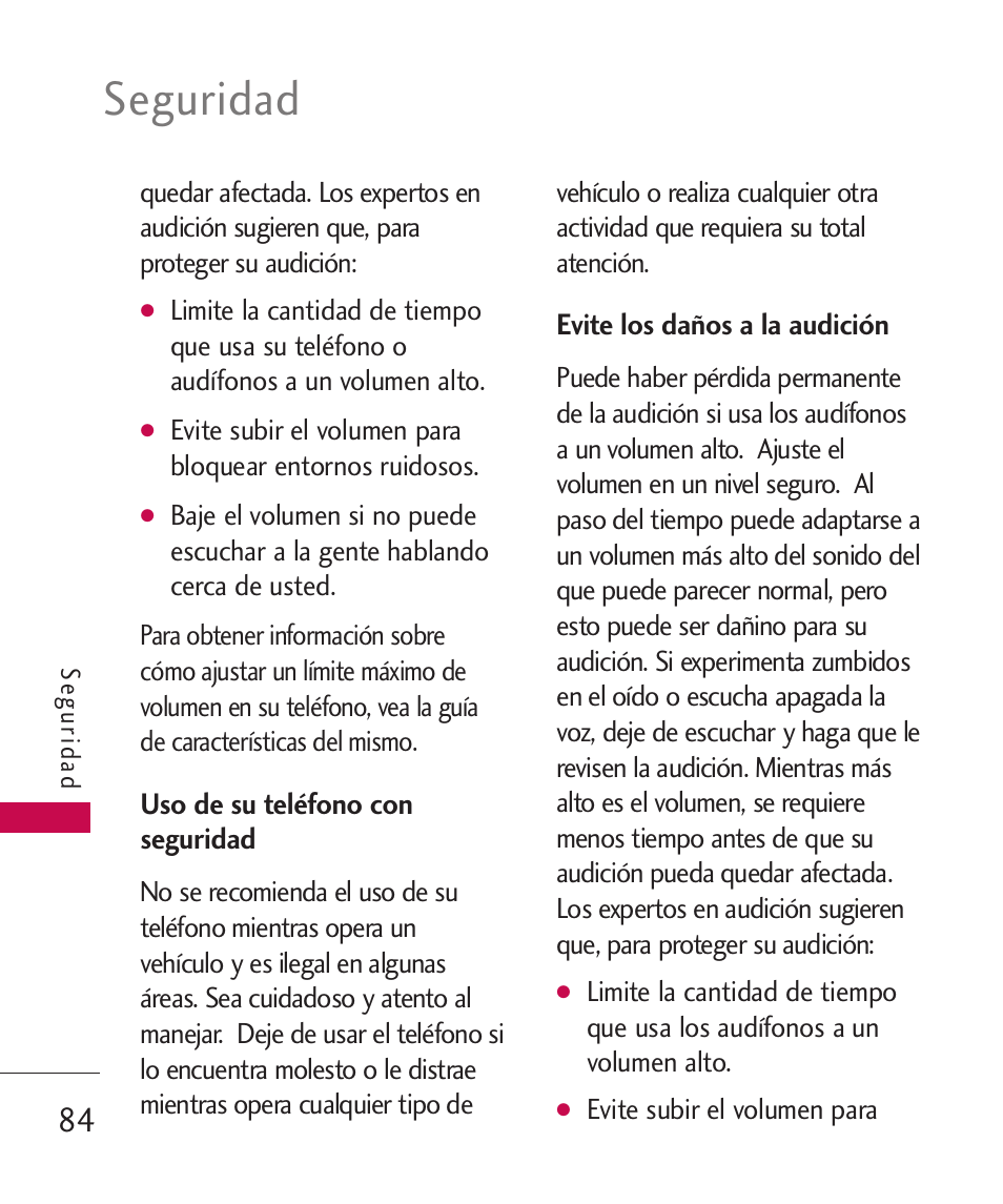 Uso de su teléfono con segur, Evite los daños a la audición, Seguridad | LG -UX220 User Manual | Page 196 / 228