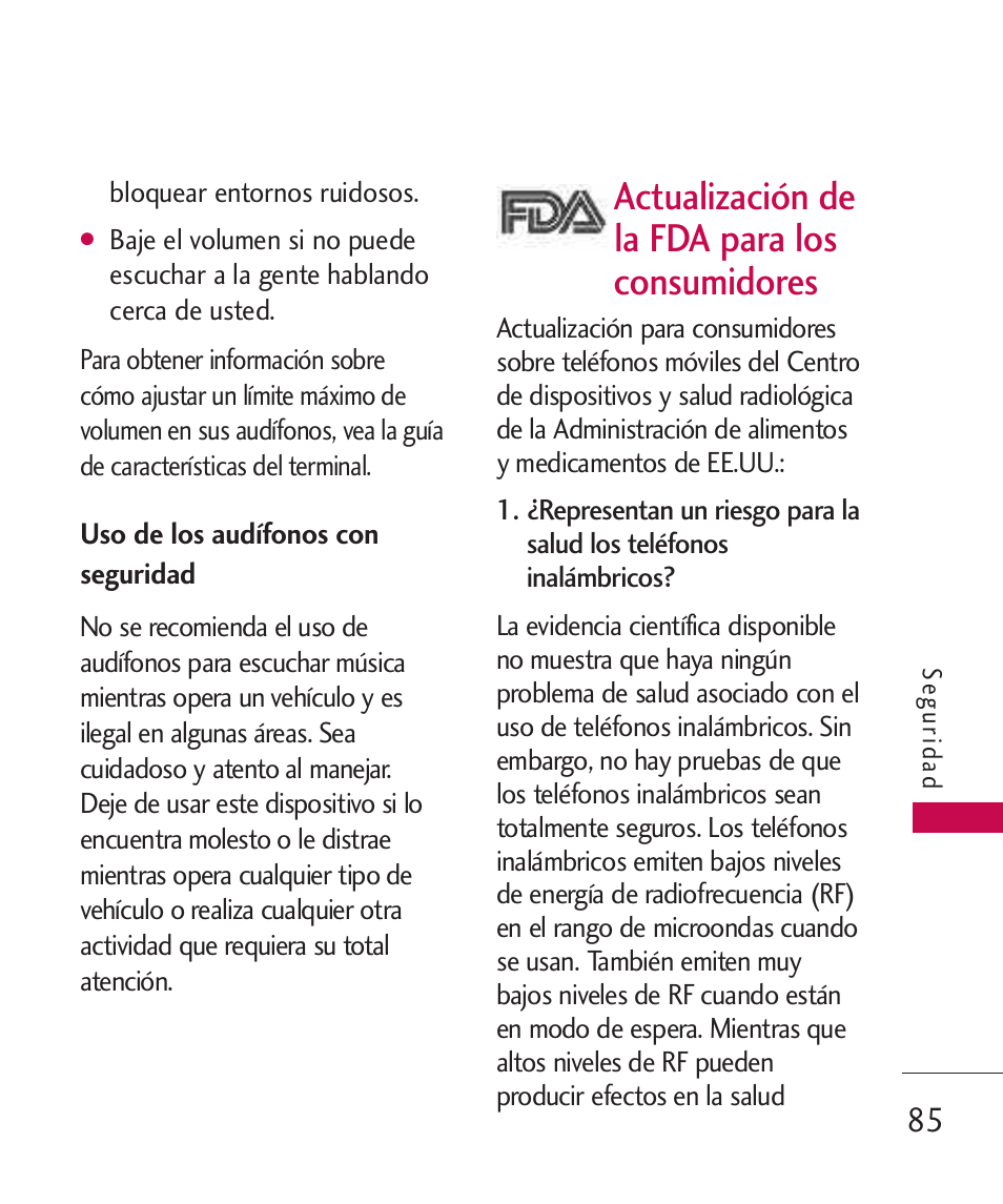 Uso de los audífonos con se, Actualización de la fda par, Uso de los audífonos con seguridad | Actualización de la fda para los consumidores | LG -UX220 User Manual | Page 197 / 228