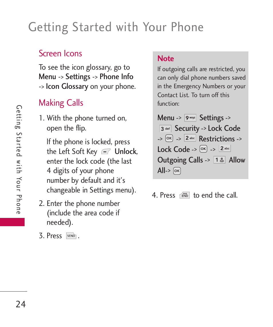 Screen icons, Making calls, Getting started with your phone | LG -UX220 User Manual | Page 26 / 228