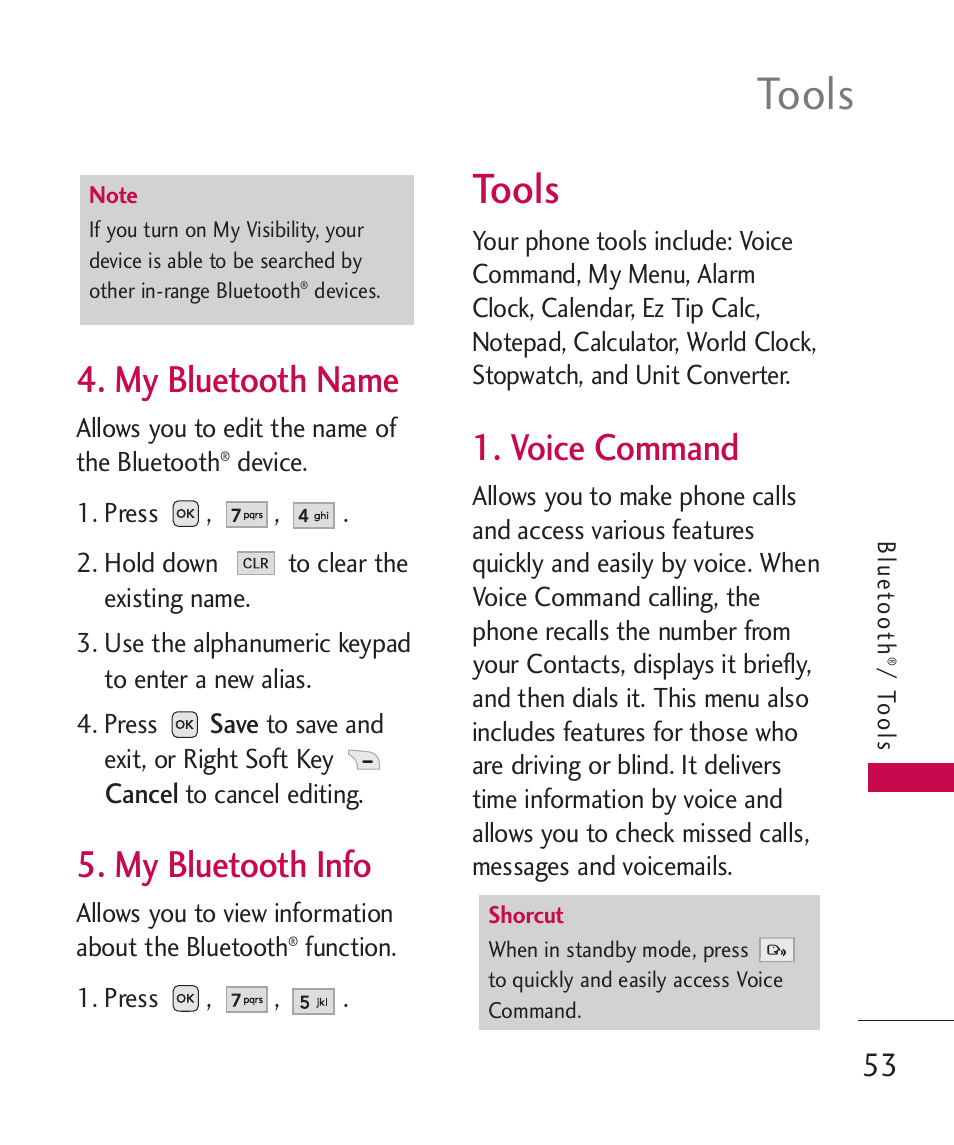 My bluetooth name, My bluetooth info, Tools | Voice command | LG -UX220 User Manual | Page 55 / 228