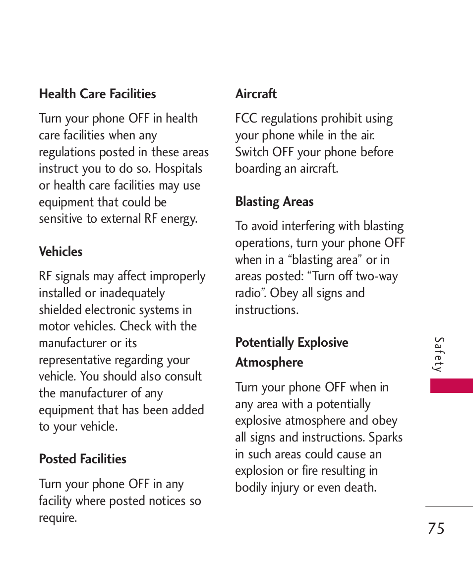 Health care facilities, Vehicles, Posted facilities | Aircraft, Blasting areas, Potentially explosive atmosp, Potentially explosive atmosphere 75 | LG -UX220 User Manual | Page 77 / 228