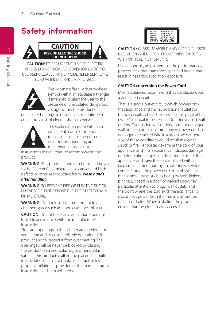 Safety information, Caution | LG BP620C User Manual | Page 2 / 68