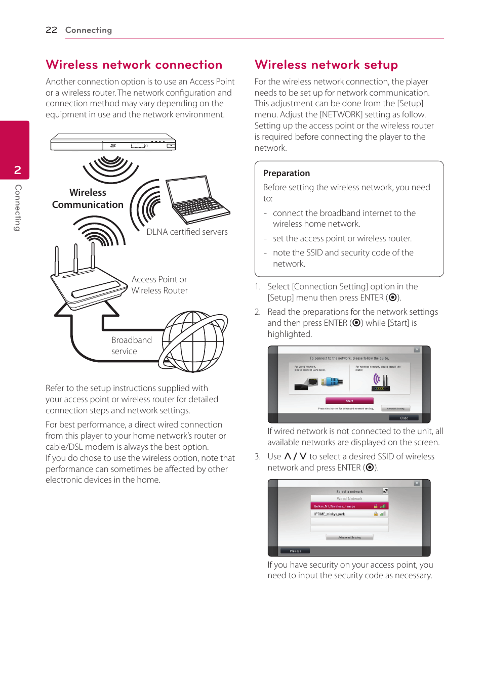 Wireless network connection, Wireless network setup | LG BP620C User Manual | Page 22 / 68