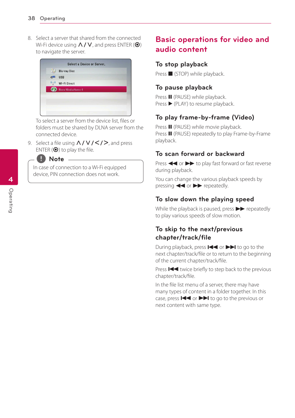Basic operations for video and audio content, 38 – basic operations for video and audio, Content | LG BP620C User Manual | Page 38 / 68
