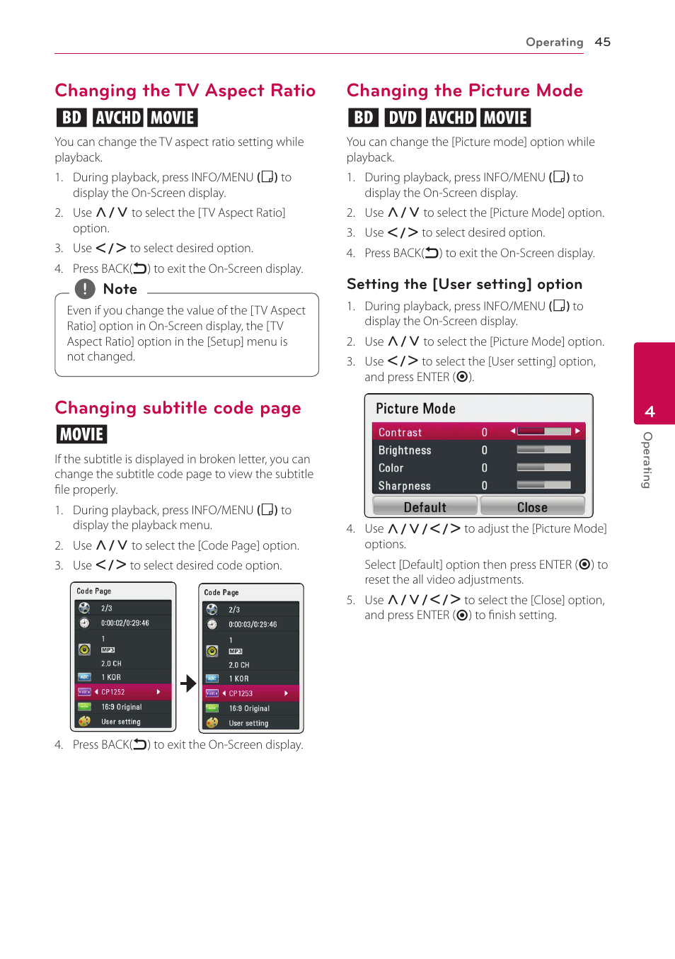Changing the tv aspect ratio, Changing the picture mode, Changing the tv aspect ratio eoy | Changing subtitle code page y, Changing the picture mode eroy | LG BP620C User Manual | Page 45 / 68